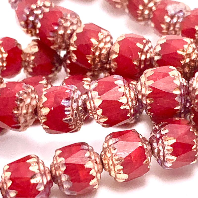 Cathedral Cut 8mm Czech Glass Beads, Ruby Red with Copper Finish