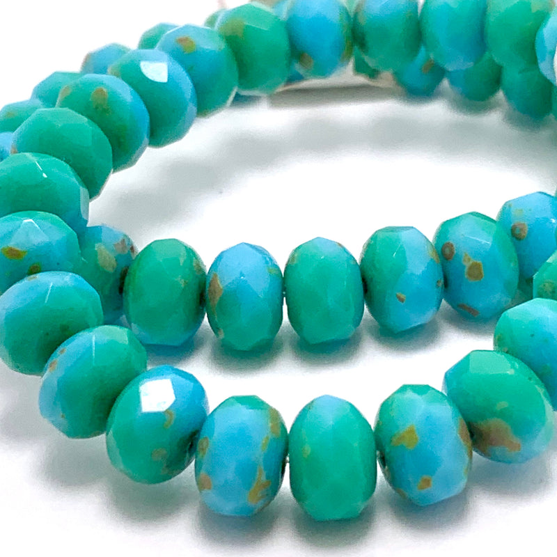 Rondelle Czech Glass Beads Sea Green Medium Sky Blue with Picasso  6x8mm