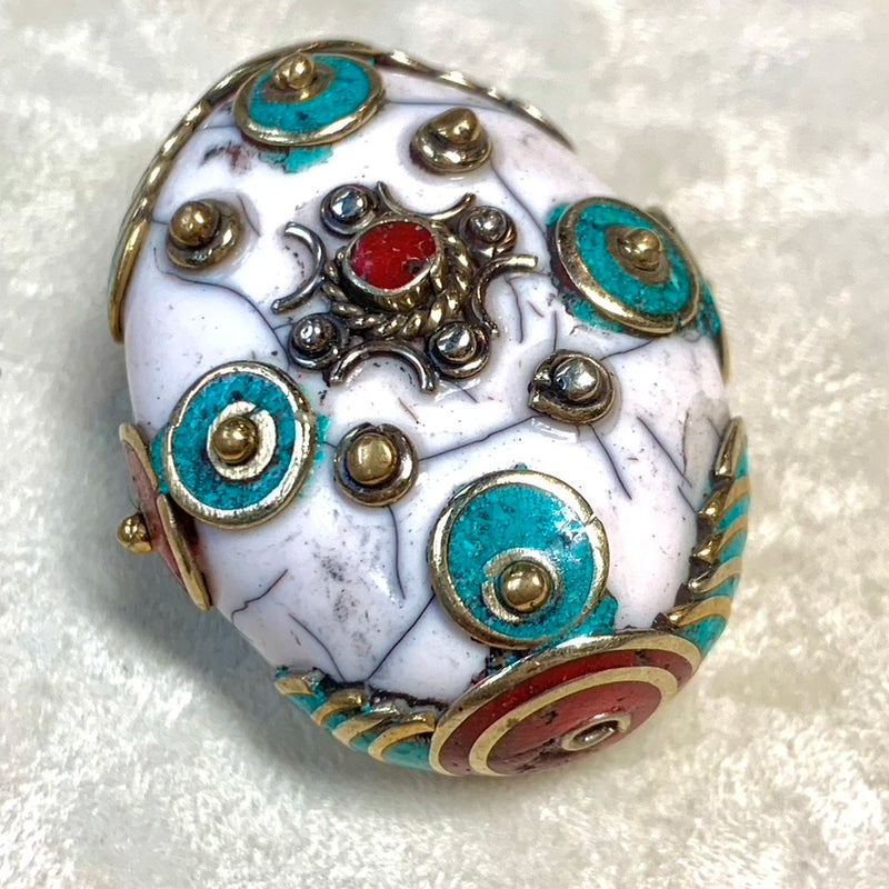 White Resin with Coral and Turquoise Tibetan Bead