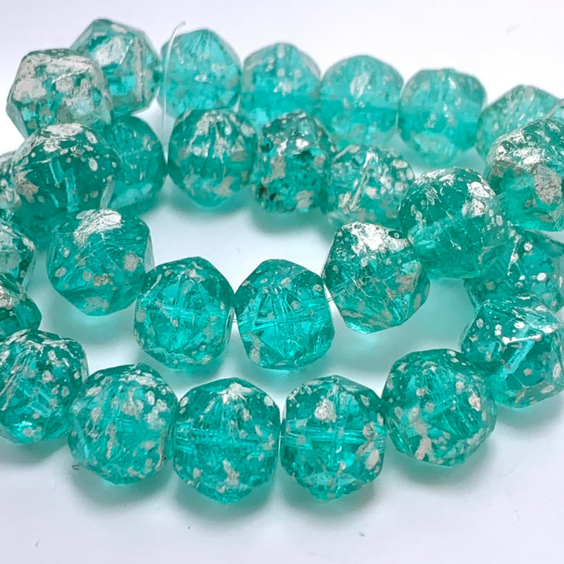 Antique English Cut Czech Glass Beads, Teal with Mercury Finish, 10mm