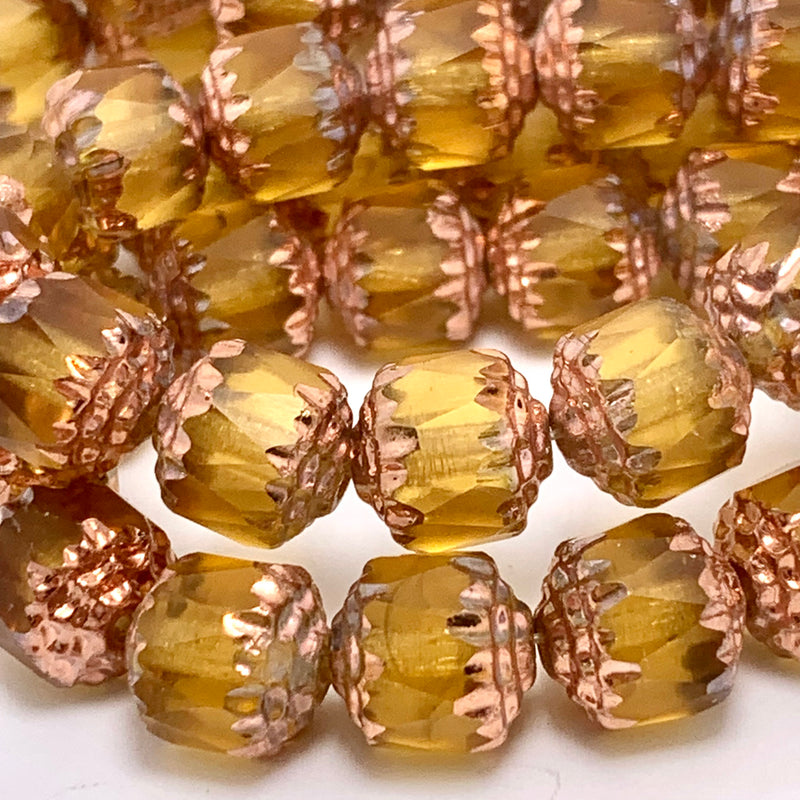 Cathedral Cut 8mm Czech Glass Beads, Yellow With Copper Finish