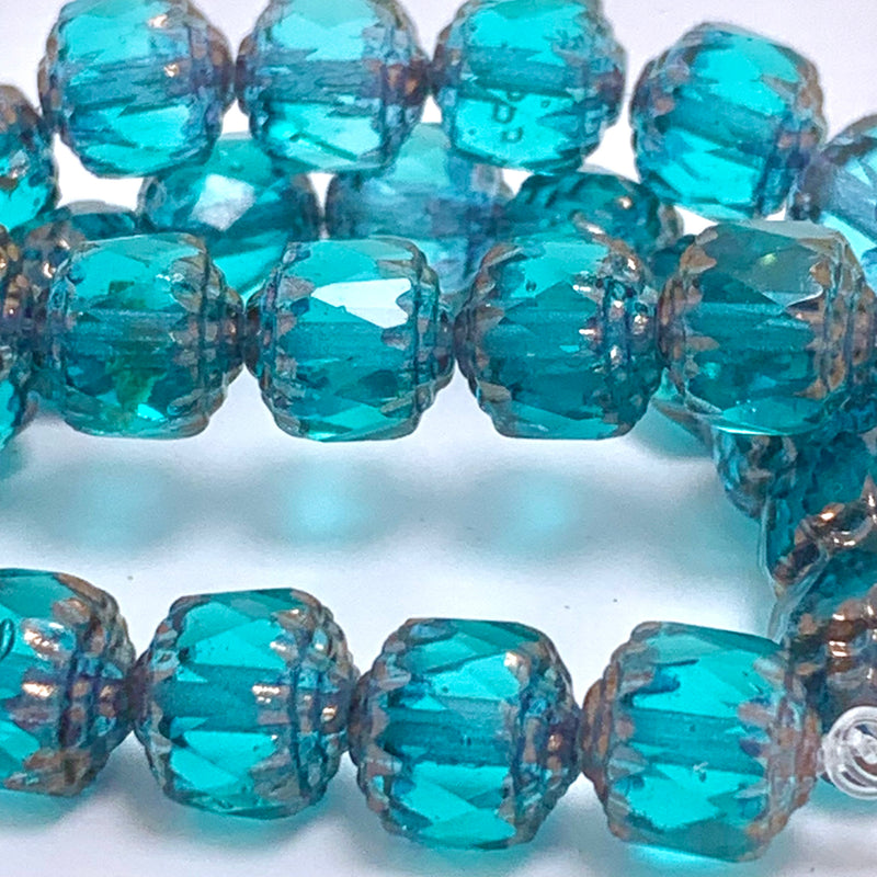 Cathedral Cut 8mm Czech Glass Beads, Teal with Bronze Finish