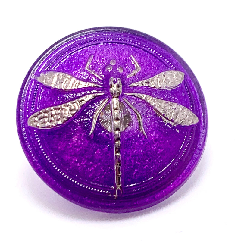 Dragonfly Czech Button 30mm Purple with Silver