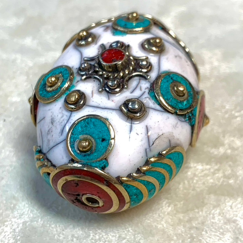 White Resin with Coral and Turquoise Tibetan Bead