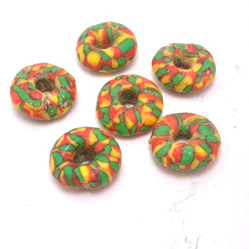 African Recycled Powder Glass Rondelle Beads, Green Yellow Red  5x11mm