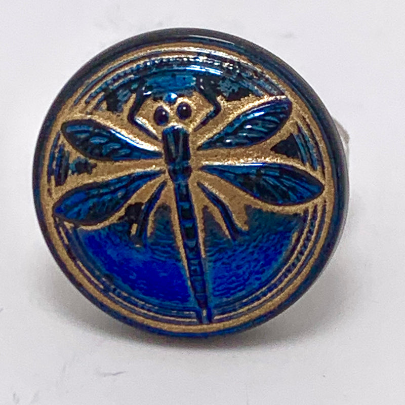 Dragonfly Czech Button 18mm Metallic Blue Iris & Gold