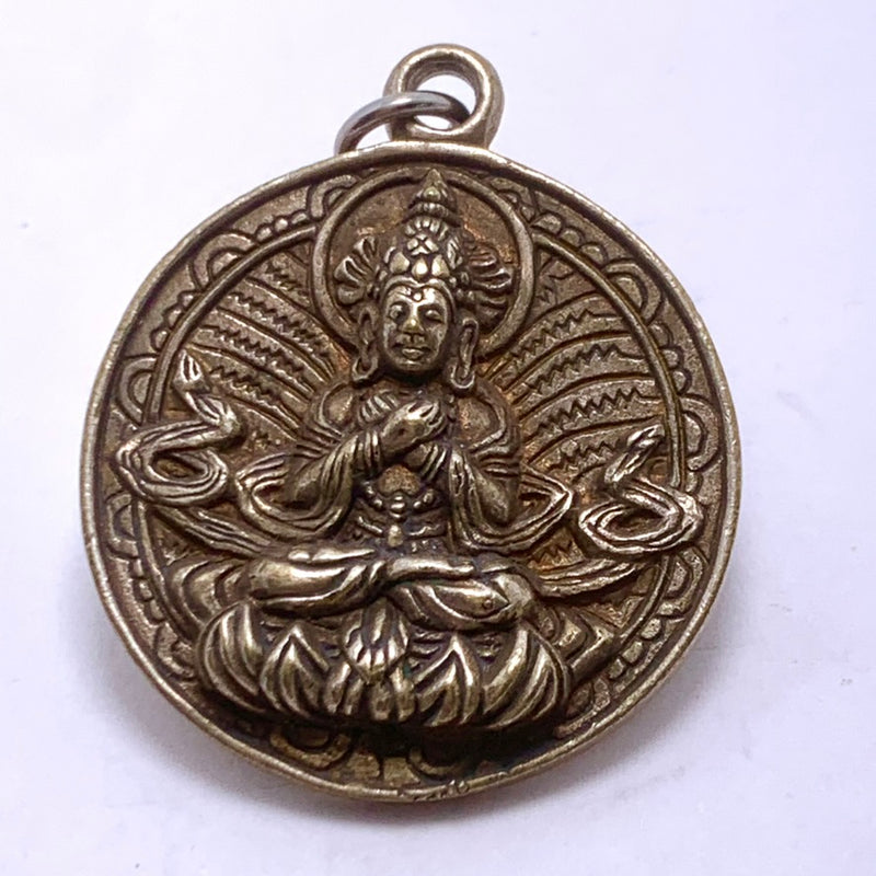 Round Buddha Charm, 35x35mm, Silver Plated Brass