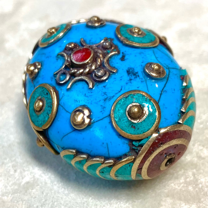 Blue Resin with Coral and Turquoise Tibetan Bead