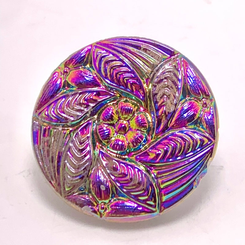 Flower & Leaf Czech Button 28mm Magenta Iris