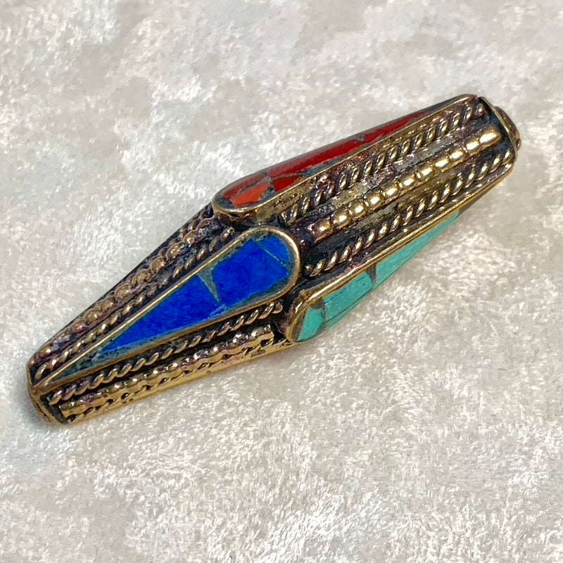 Long Inlay Tibetan Bead with Coral, Turquoise and Lapis