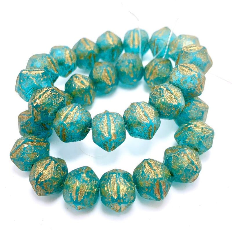 Antique English Cut Czech Glass Beads, Sky Blue with Etched Finish and Gold Wash, 10mm