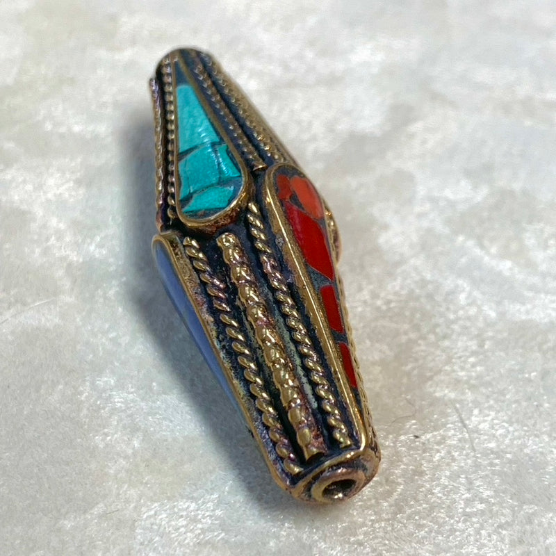 Long Inlay Tibetan Bead with Coral, Turquoise and Lapis