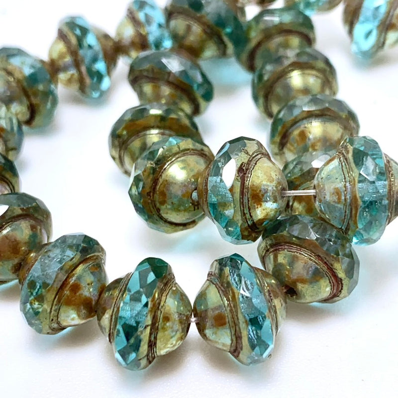 Saturn Czech Glass Beads, Medium Sky Blue with Brass Finish