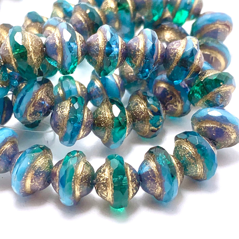 Saturn Czech Beads Teal & Sky Blue with Etched Finish 8X10mm