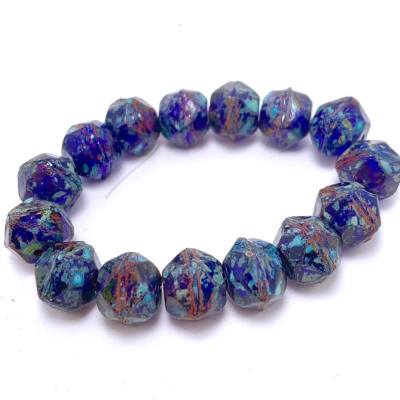 Antique English Cut Czech Glass Beads, Sapphire with Picasso Finish, 10mm