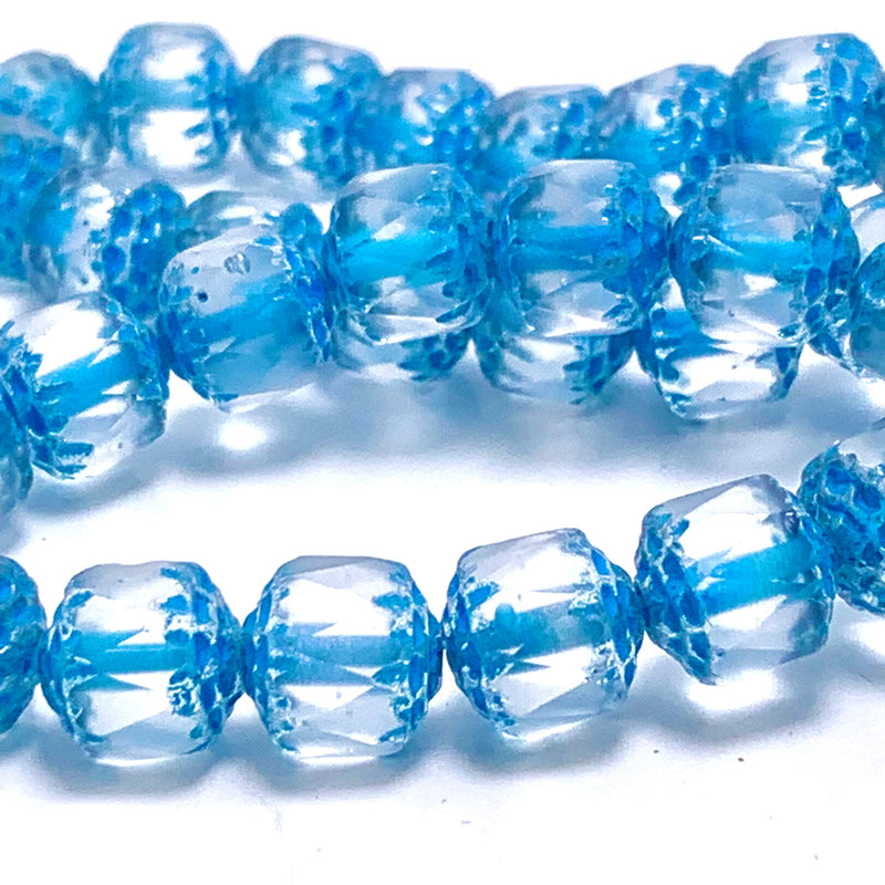 Cathedral Cut 8mm Czech Glass Beads, Matte Transparent with Turquoise Wash