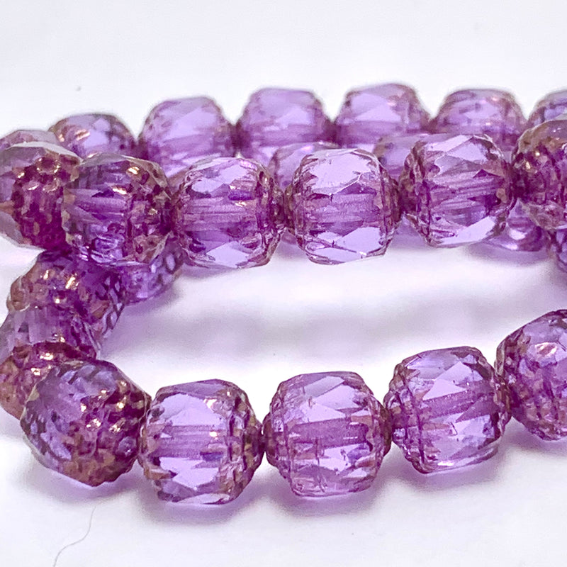 Cathedral Cut 8mm Czech Glass Beads, Purple Pansy with Bronze