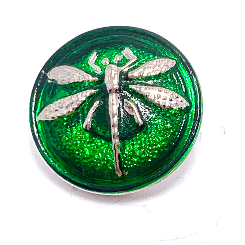 Dragonfly Czech Button 18mm Green with Silver