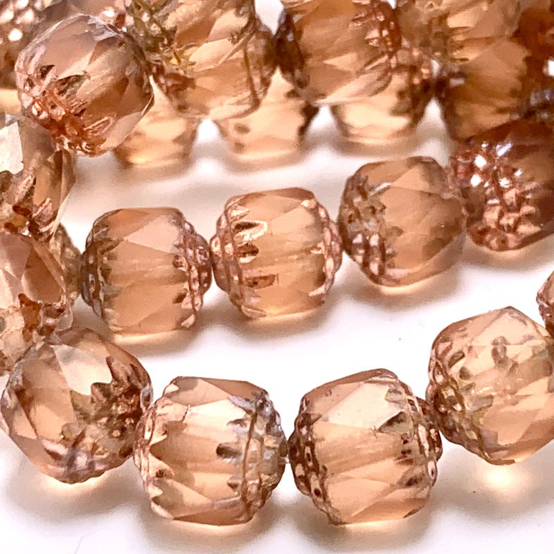 Cathedral Cut 8mm Czech Glass Beads, Peach with Copper Finish