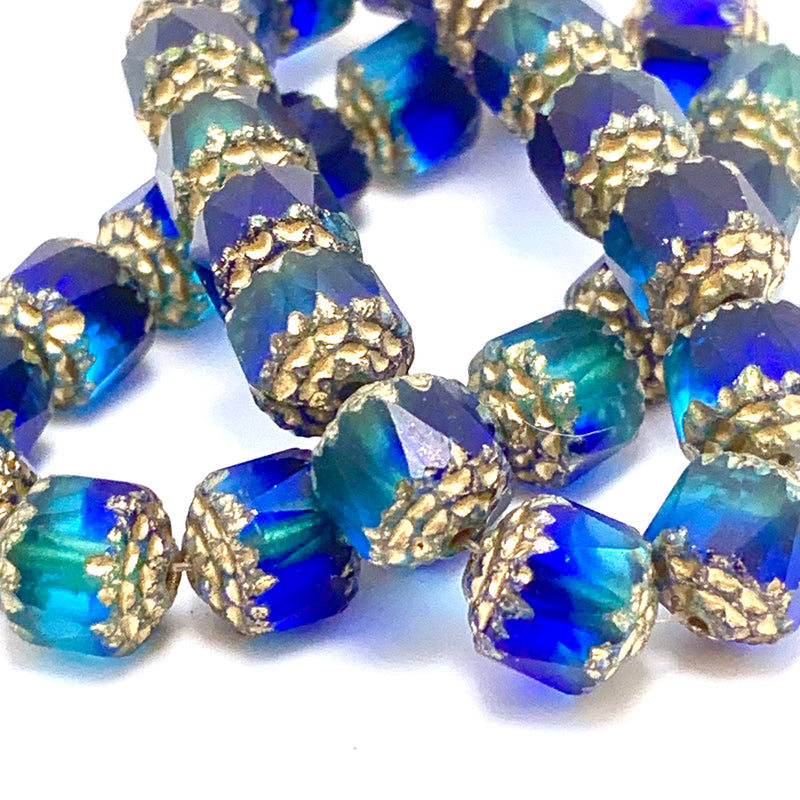 Cathedral Cut 8mm Czech Glass Beads, Sapphire & Sky Blue with Gold and Picasso