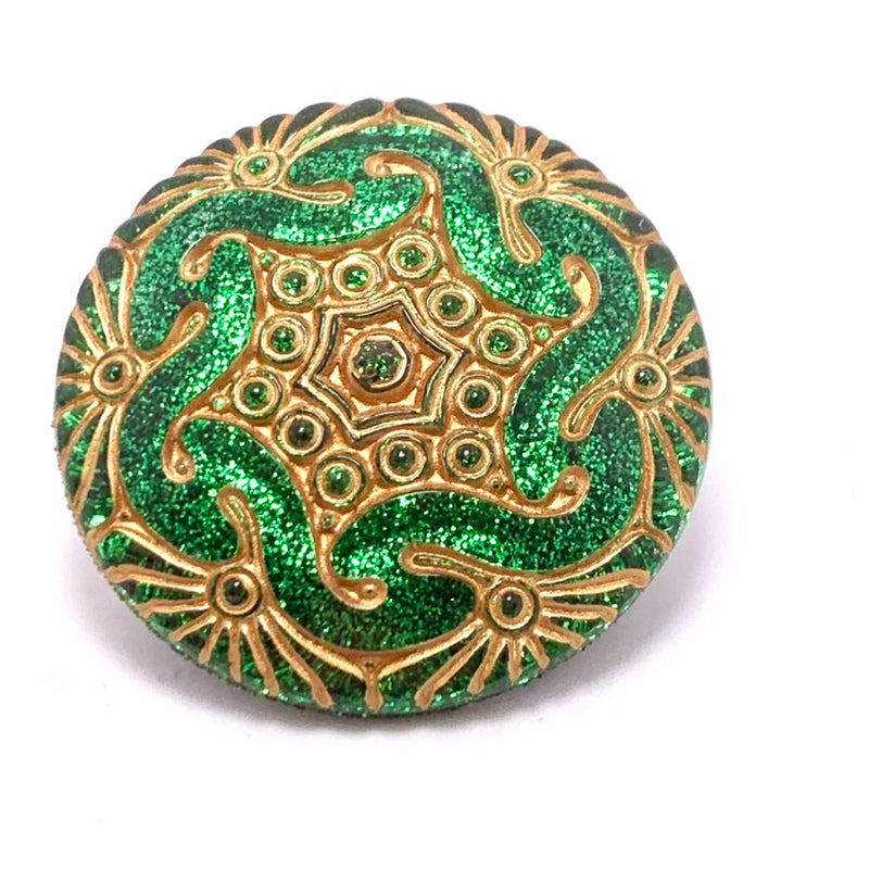 Star Center Czech Button 40mm Emerald & Gold