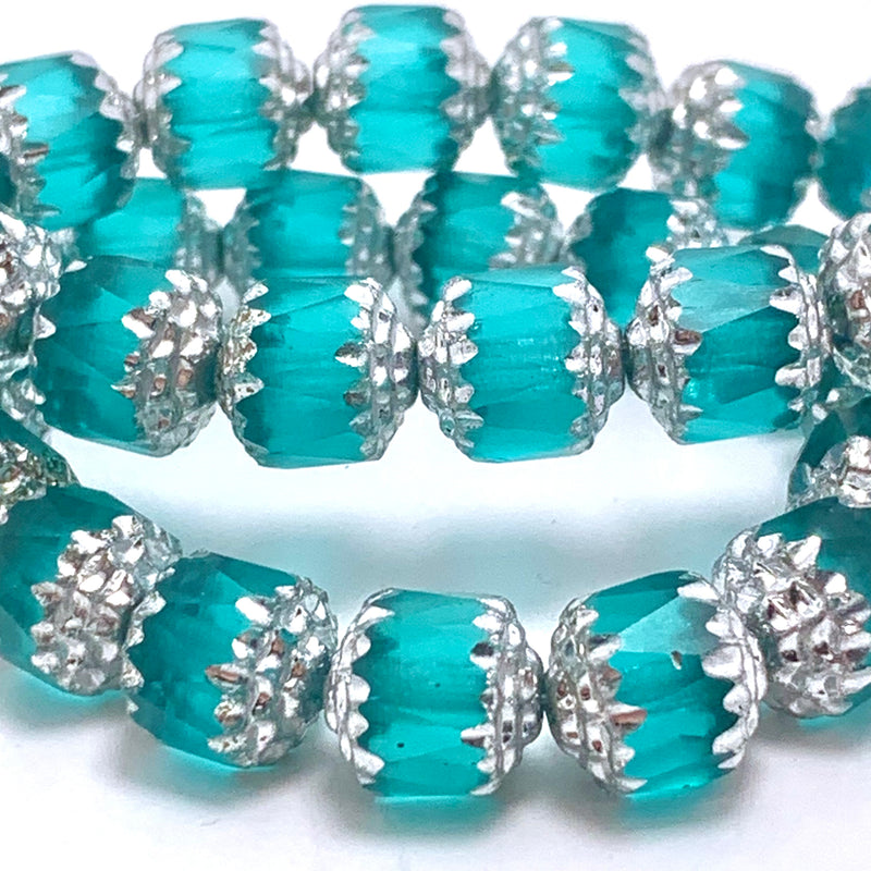 Cathedral Cut 8mm Czech Glass Teal with Silver Finish