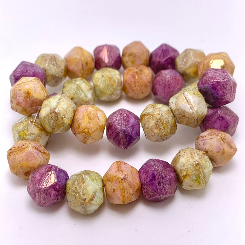 Antique English Cut Czech Glass Beads, Grape, Apricot, and Willow Mix, 10mm