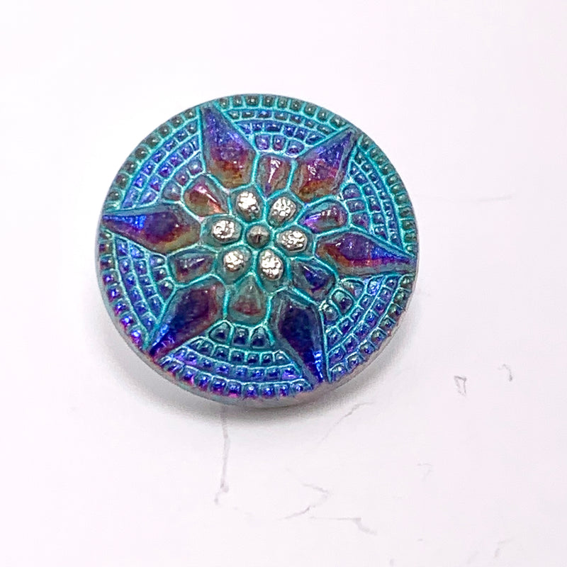 Star Czech Button  18mm Amethyst AB, Turquoise Wash