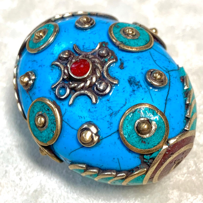 Blue Resin with Coral and Turquoise Tibetan Bead