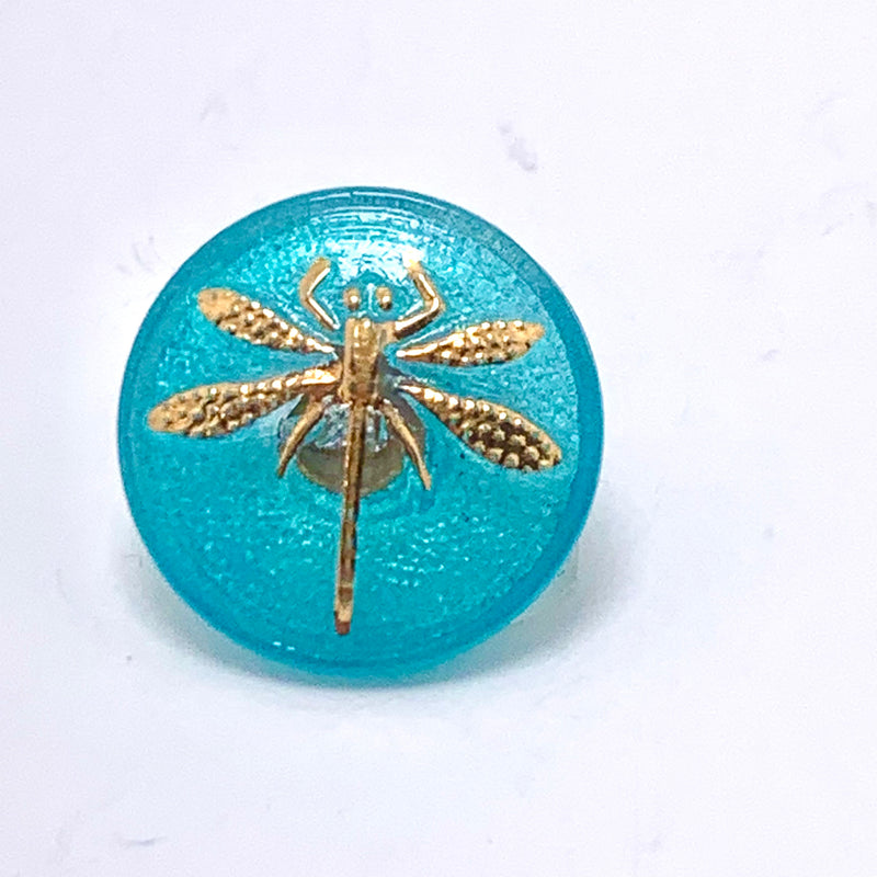 Dragonfly Czech Button 18mm Turquoise & Gold