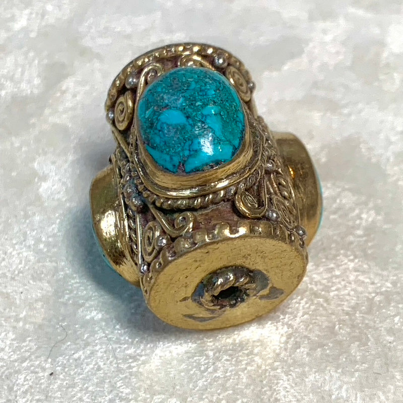 Large Ornate Brass Tibetan Bead with Turquoise