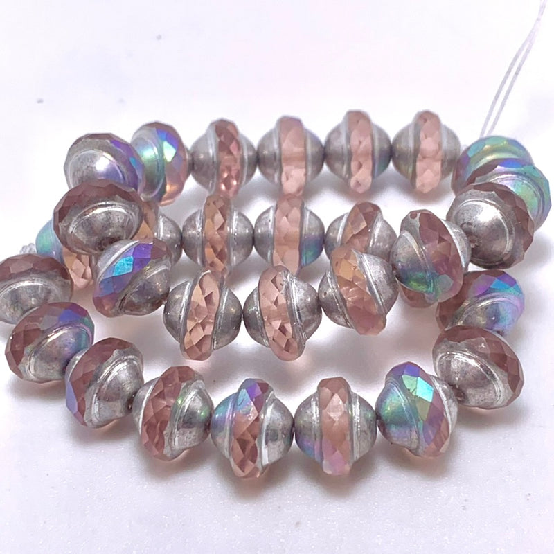 Saturn Czech Glass Beads, Pale Pink with Silver Finish