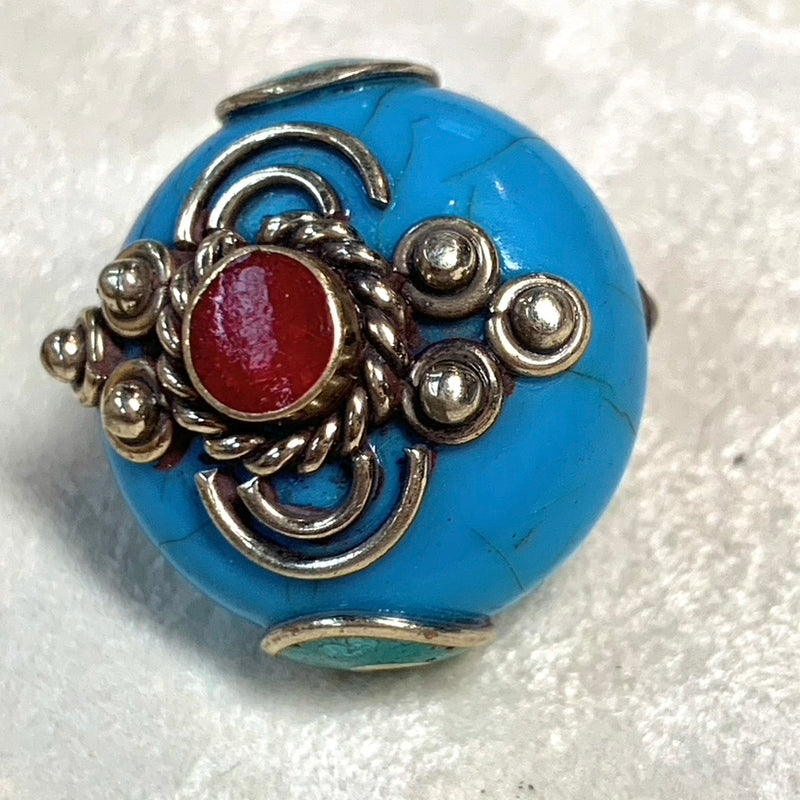 Blue Resin Tibetan Bead with Coral Inlay