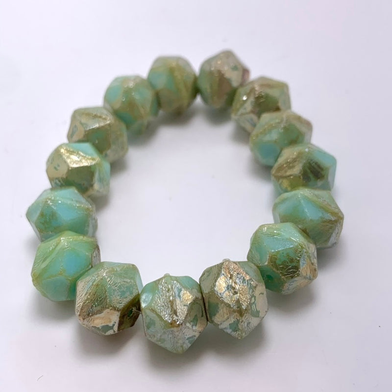 Antique English Cut Czech Glass Beads, Sage with Metallic Picasso Finish, 10mm