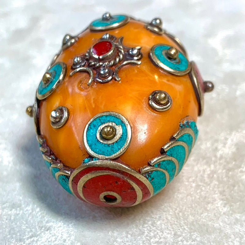 Amber Resin with Coral and Turquoise Tibetan Bead