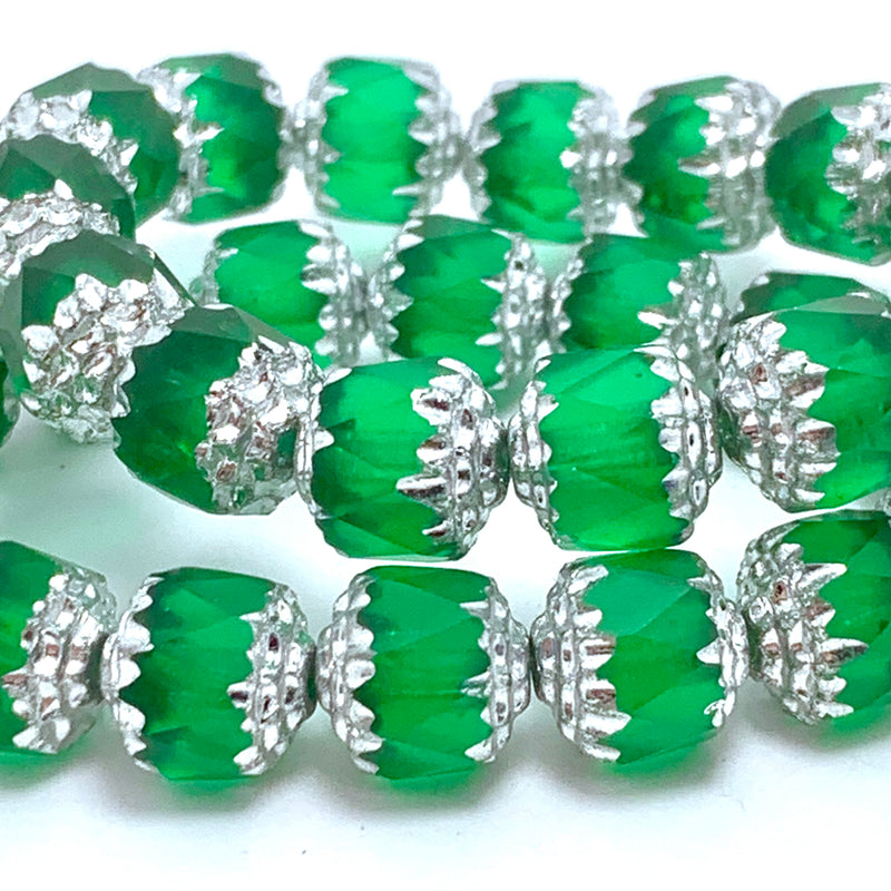 Cathedral Cut 8mm Czech Glass Beads,  Emerald with Silver Finish