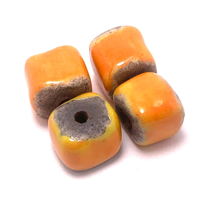 Ceramic Raku Cube Bead by Keith OConnor, Orange 10mm