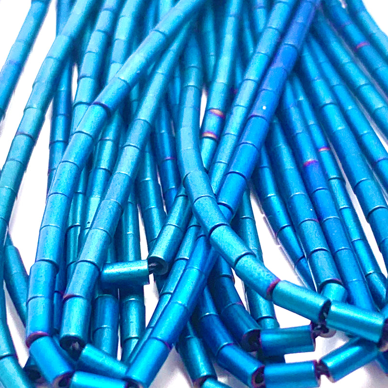 Blue Electroplated Hematite Tube Beads, 2x4mm