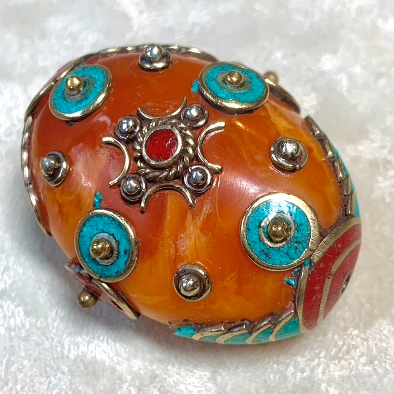 Amber Resin with Coral and Turquoise Tibetan Bead