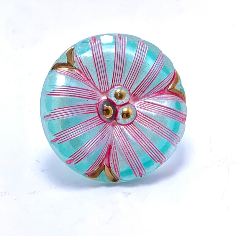 Flower Motif Czech Button 36mm Turquoise & Pink