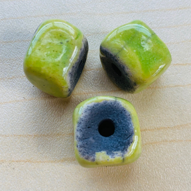 Ceramic Raku Cube Bead by Keith OConnor, Chartreuse 10mm